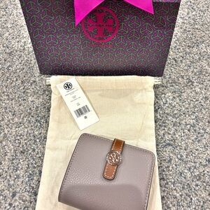 Tory Burch Taupe Leather Compact Wallet with Tan Strap -brand new